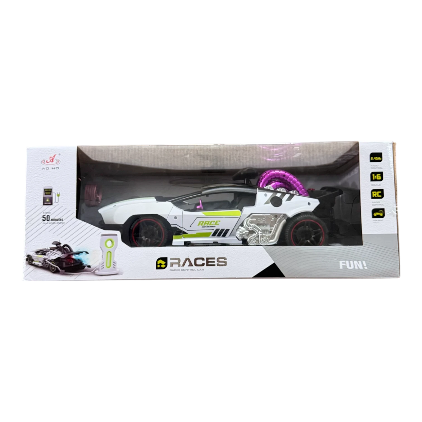 Races RC Car 1:16 Scale 2.4GHz Radio Control Racing Car with Lights & Rechargeable Battery
