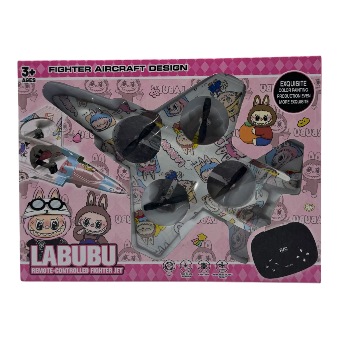 Labubu Remote Control Fighter Jet Toy for Kids with Lights & 360° Flying Action