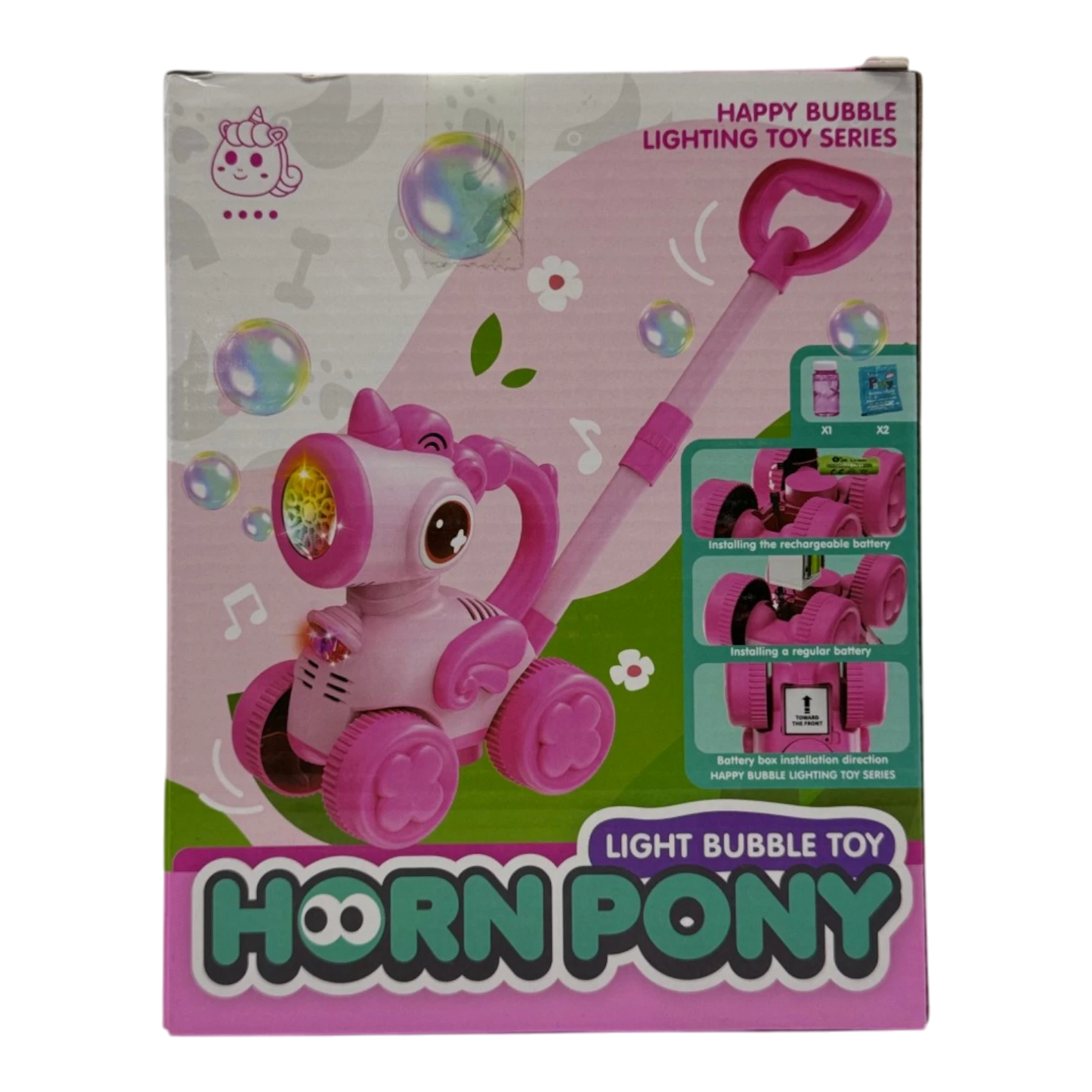 Horn Pony Light Bubble Stroller – Automatic Bubble Blower with LED Lights & Music