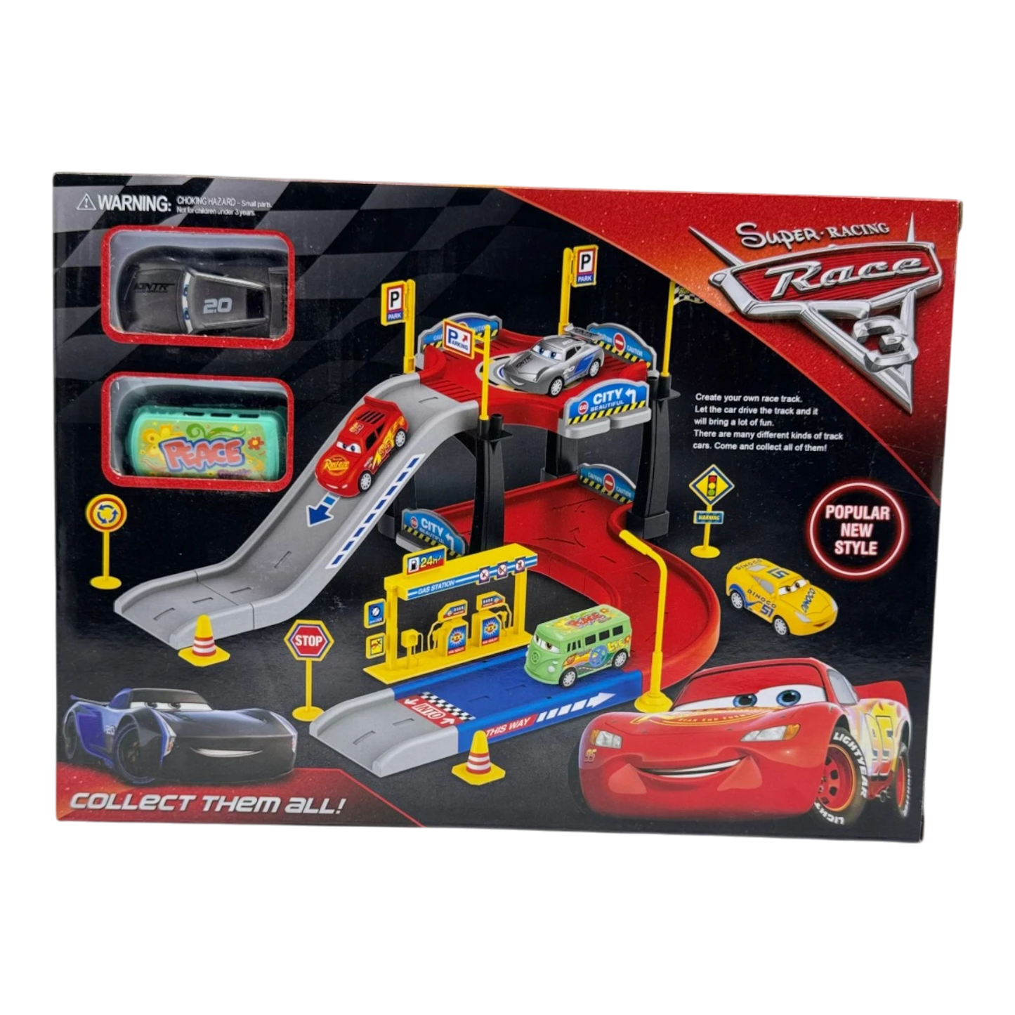 Super Racing Race 3 Garage Playset – Multi-Level Car Track with Gas Station & Accessories