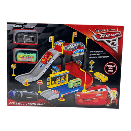 Super Racing Race 3 Garage Playset – Multi-Level Car Track with Gas Station & Accessories