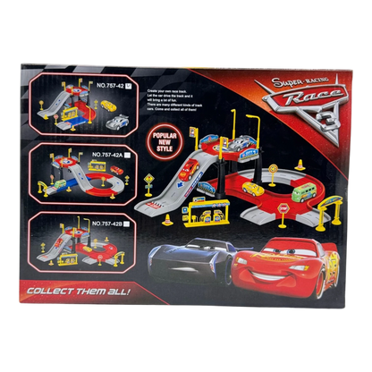Super Racing Race 3 Garage Playset – Multi-Level Car Track with Gas Station & Accessories