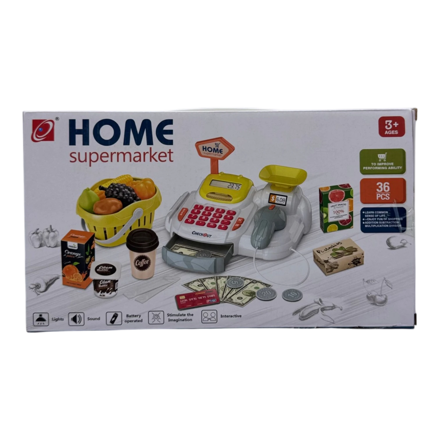 Home Supermarket 36-Piece Cash Register Playset – Interactive Grocery Toy with Scanner & Play Money
