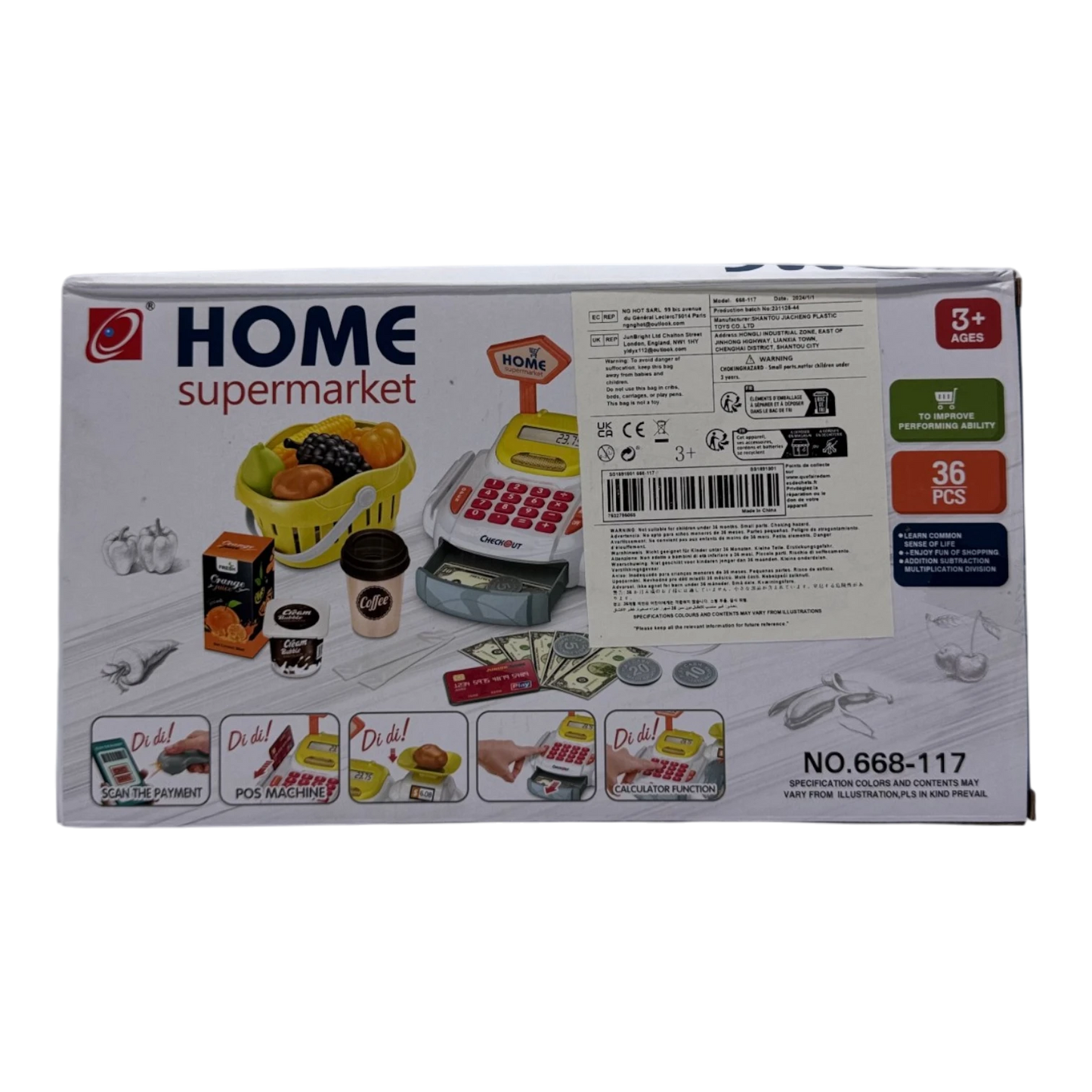 Home Supermarket 36-Piece Cash Register Playset – Interactive Grocery Toy with Scanner & Play Money