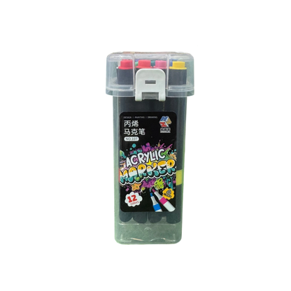 Huihuajia 12-Piece Premium Acrylic Paint Marker Pens Set – Quick-Drying Waterproof Multi-Surface Markers in a Heavy-Duty Locking Case