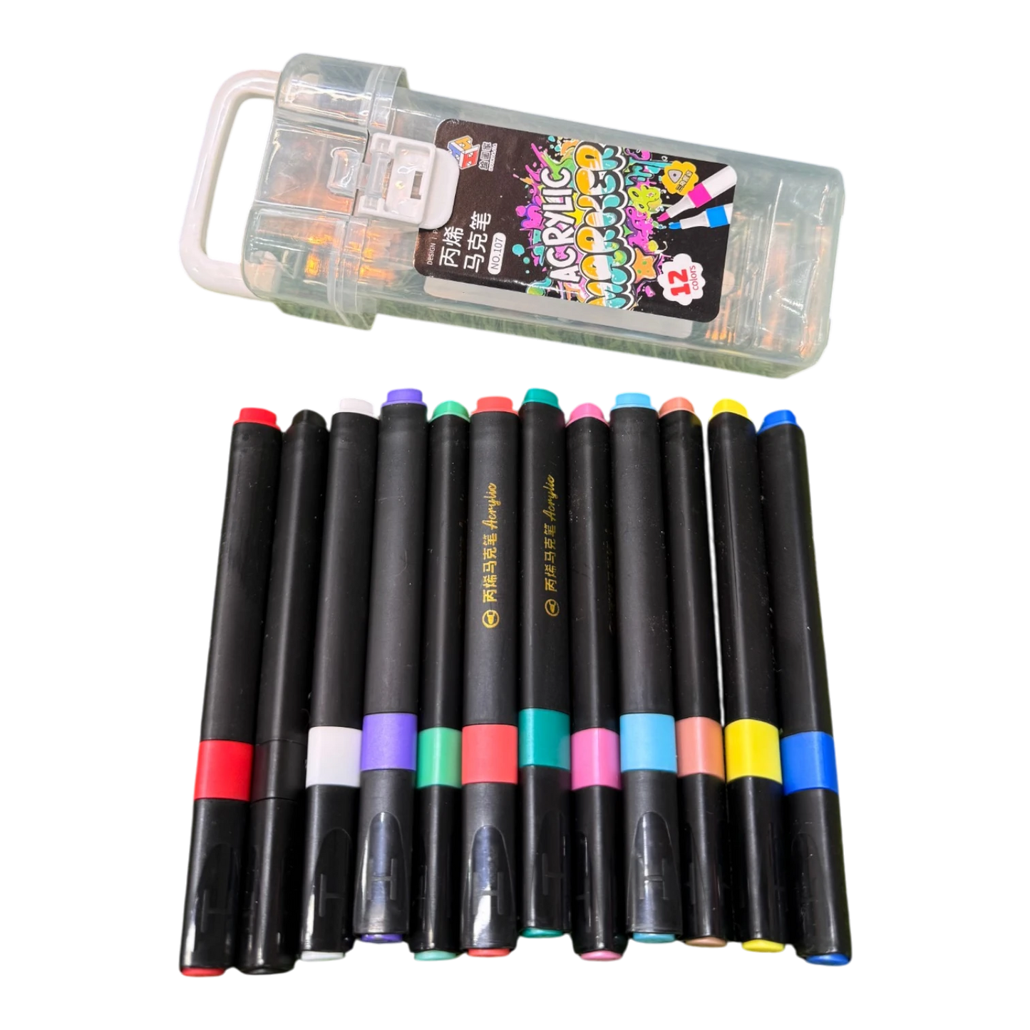 Huihuajia 12-Piece Premium Acrylic Paint Marker Pens Set – Quick-Drying Waterproof Multi-Surface Markers in a Heavy-Duty Locking Case