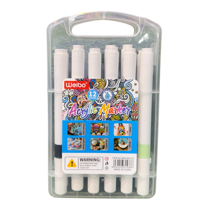 Weibo 12-Piece Premium Acrylic Paint Marker Set – Water-Based Waterproof Multi-Surface Markers with Portable Hard Carrying Case