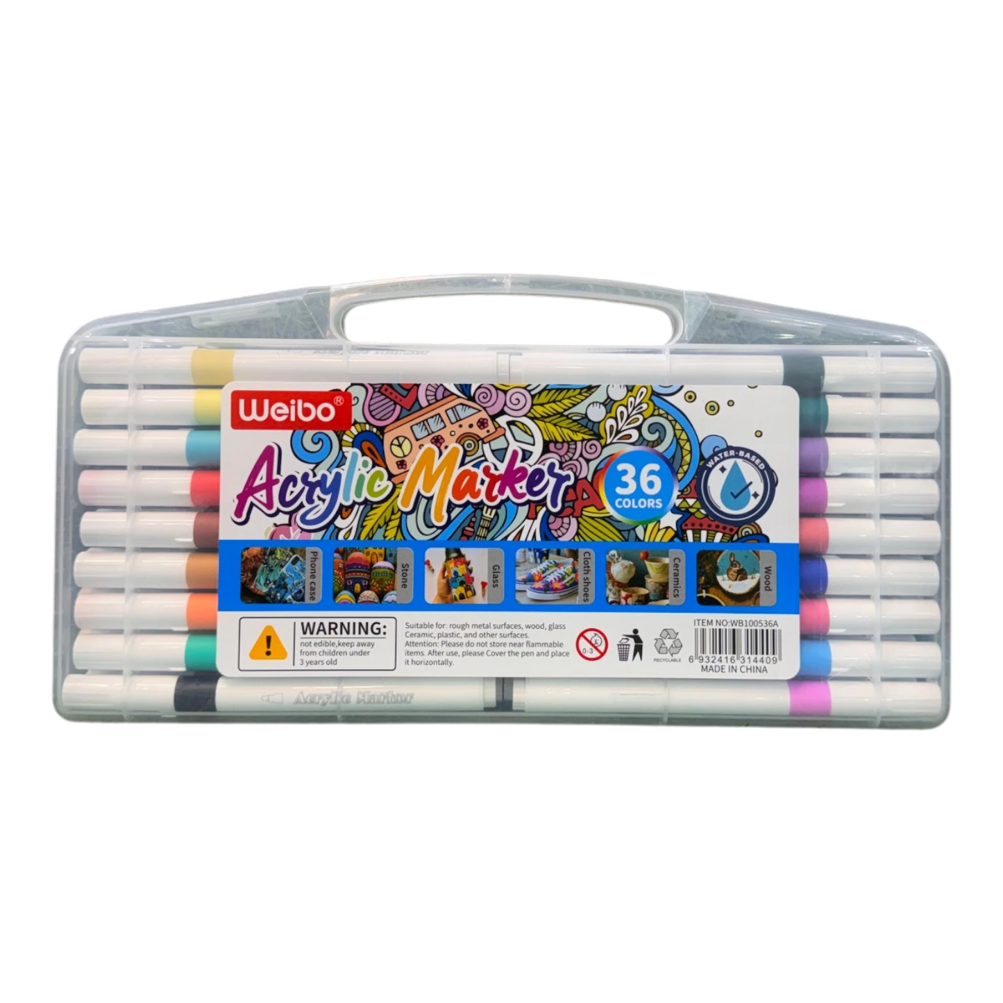 Weibo 36-Piece Premium Acrylic Paint Marker Set – Water-Based Waterproof Multi-Surface Markers with Portable Hard Carrying Case