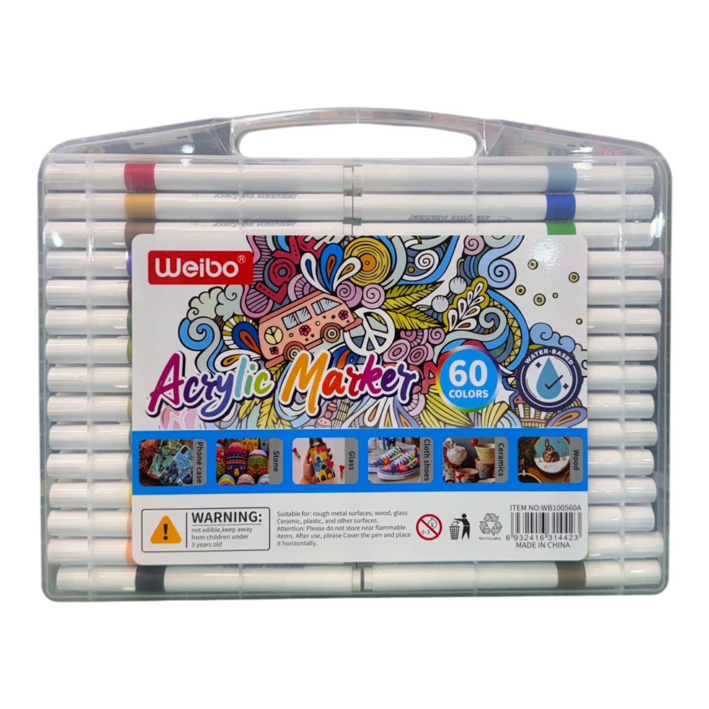 Weibo 60-Piece Premium Acrylic Paint Marker Set – Water-Based Waterproof Multi-Surface Markers with Portable Hard Carrying Case