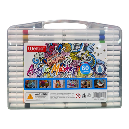 Weibo 60-Piece Premium Acrylic Paint Marker Set – Water-Based Waterproof Multi-Surface Markers with Portable Hard Carrying Case