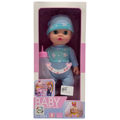 Musical Baby Boy Doll with Feeding Bottle (Blue Romper Edition)