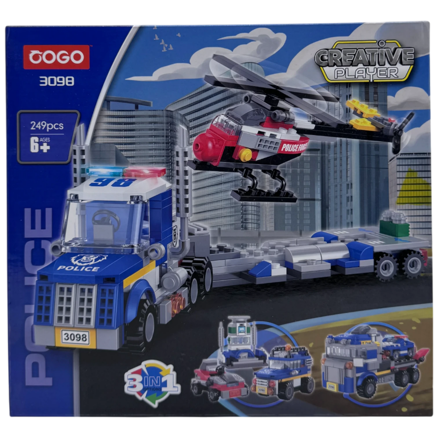 COGO Creative Player 3-in-1 Police Semi-Truck and Helicopter Building Blocks Set (249 Pieces)