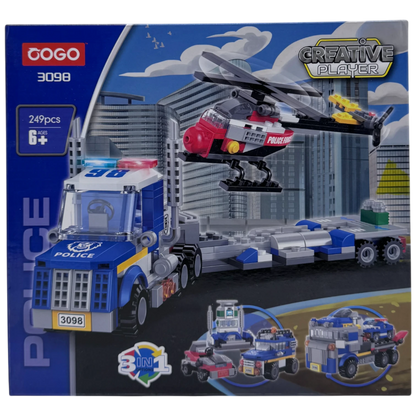 COGO Creative Player 3-in-1 Police Semi-Truck and Helicopter Building Blocks Set (249 Pieces)