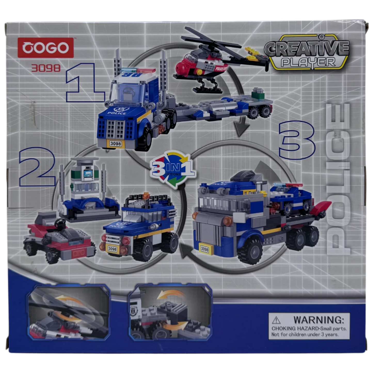 COGO Creative Player 3-in-1 Police Semi-Truck and Helicopter Building Blocks Set (249 Pieces)