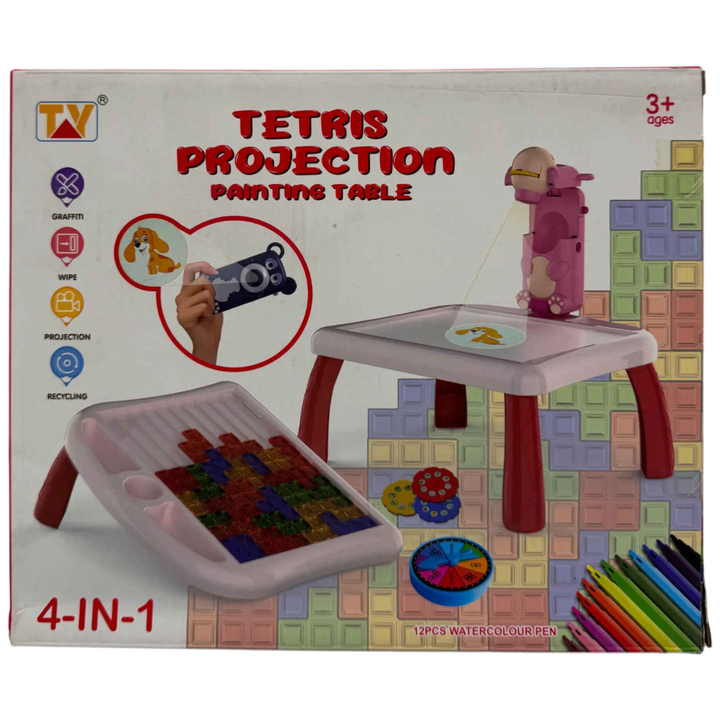4-in-1 Tetris Projection Painting Table Set with 12 Watercolor Pens
