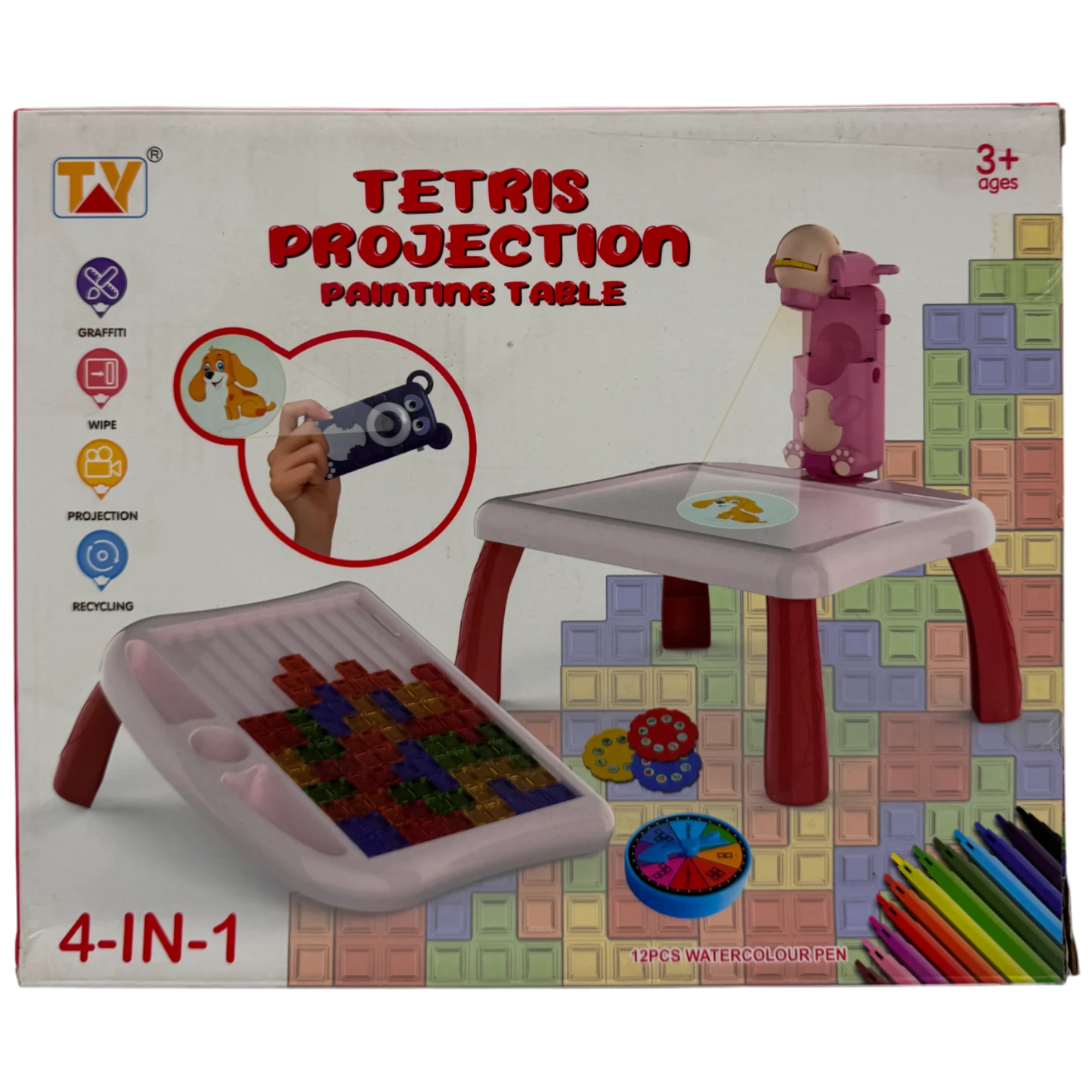 4-in-1 Tetris Projection Painting Table Set with 12 Watercolor Pens